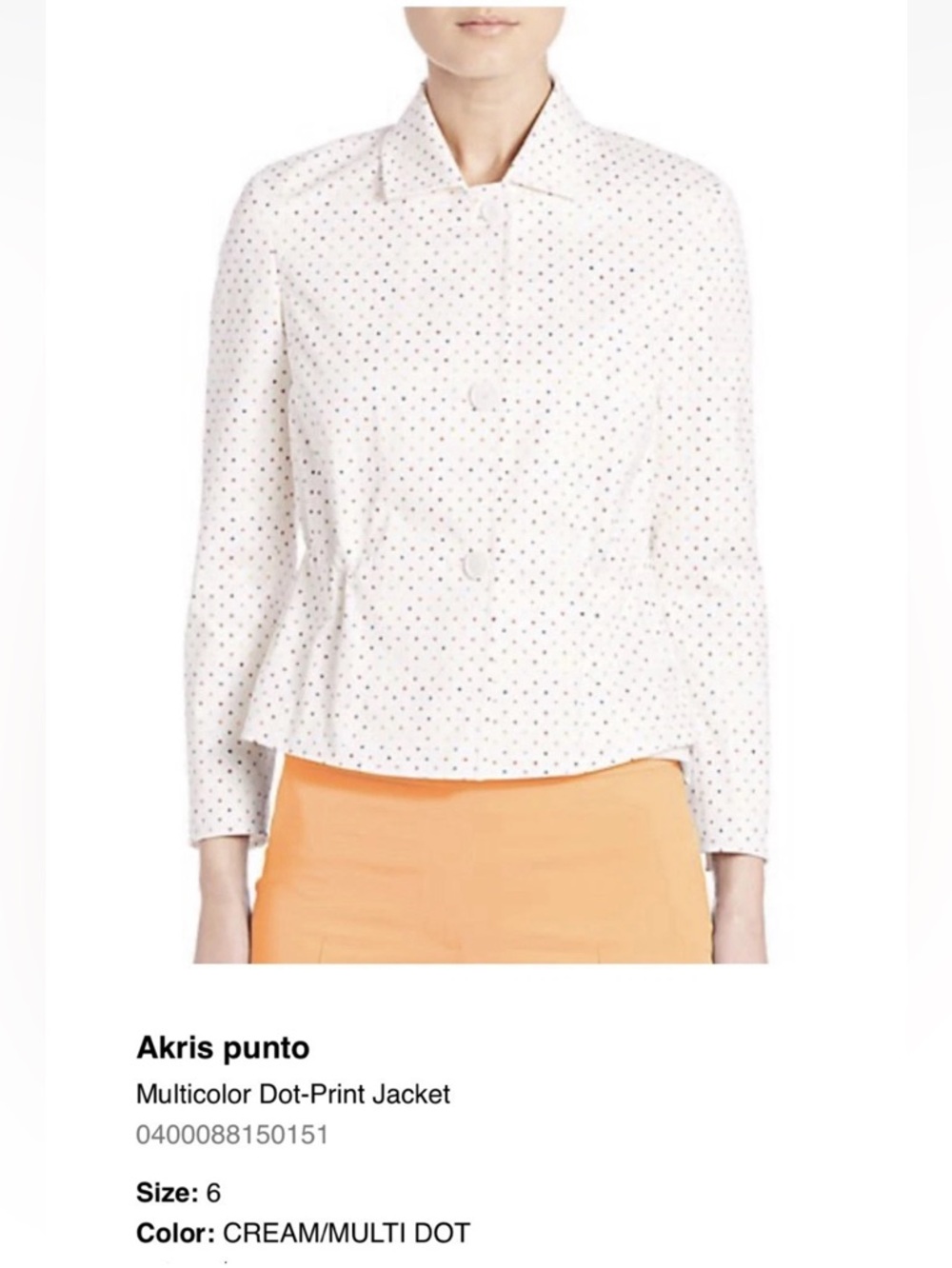Akris Punto White/Cream Button-Front Dot-Print Jacket, size 6, NWT